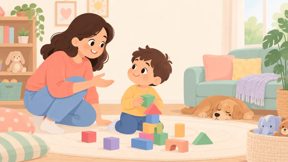 Parent getting a child's attention while the child plays with blocks.