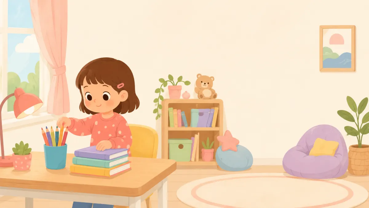 Child preparing a tidy homework space
