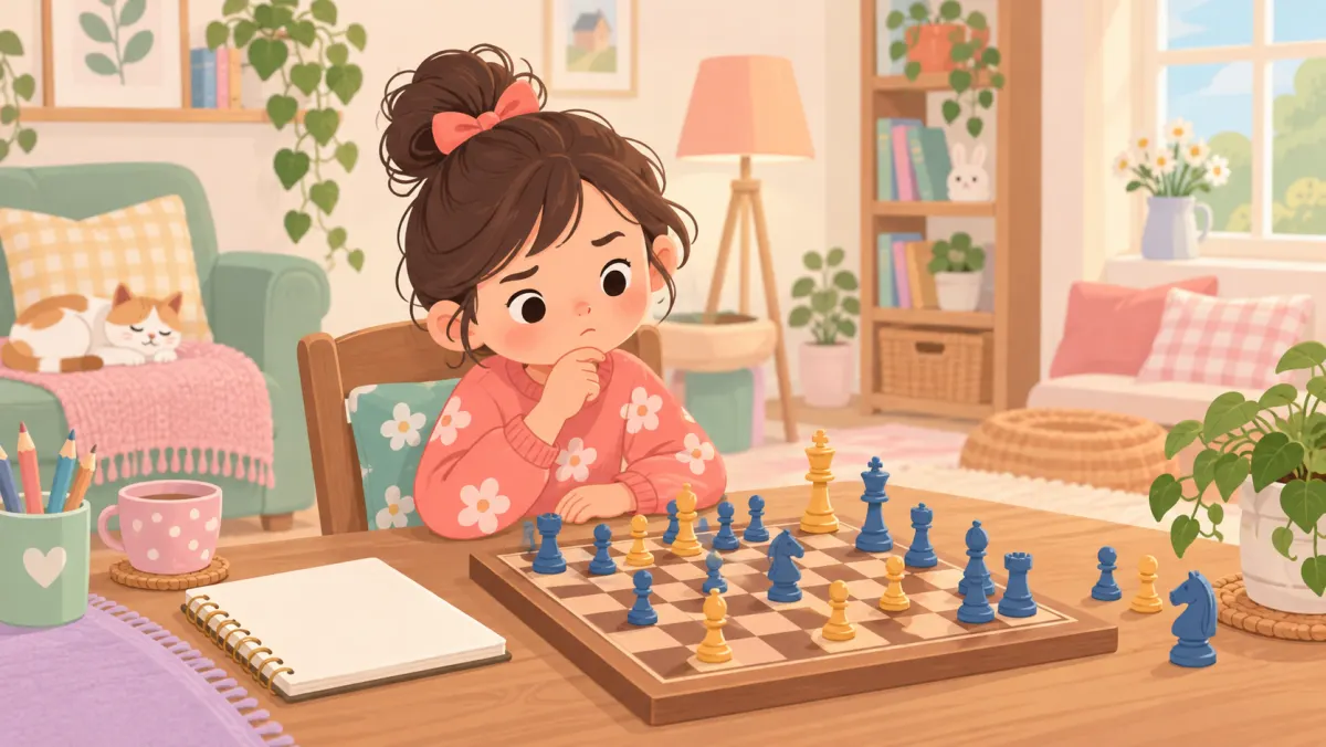 Child thinking during a chess game at home