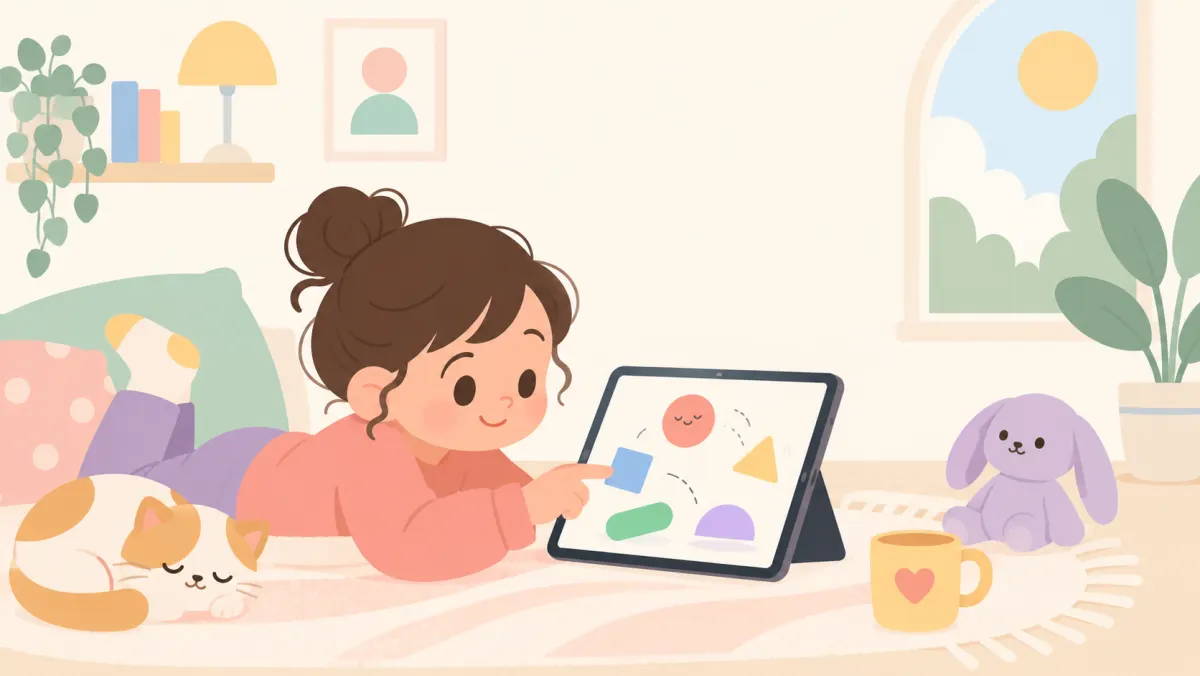Child testing a colorful animation on a tablet.
