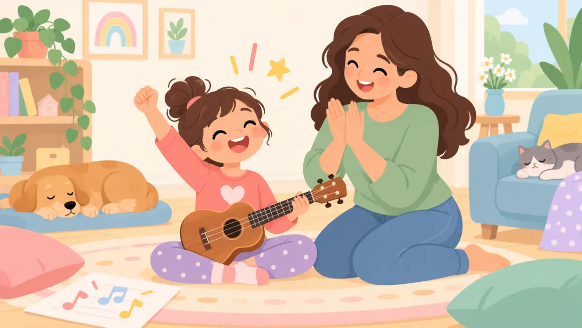 Parent and child sharing a happy music practice moment