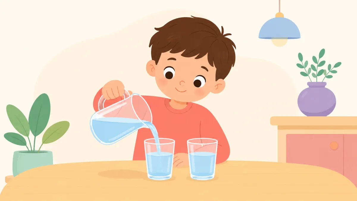 Child carefully comparing two cups during a simple science experiment.