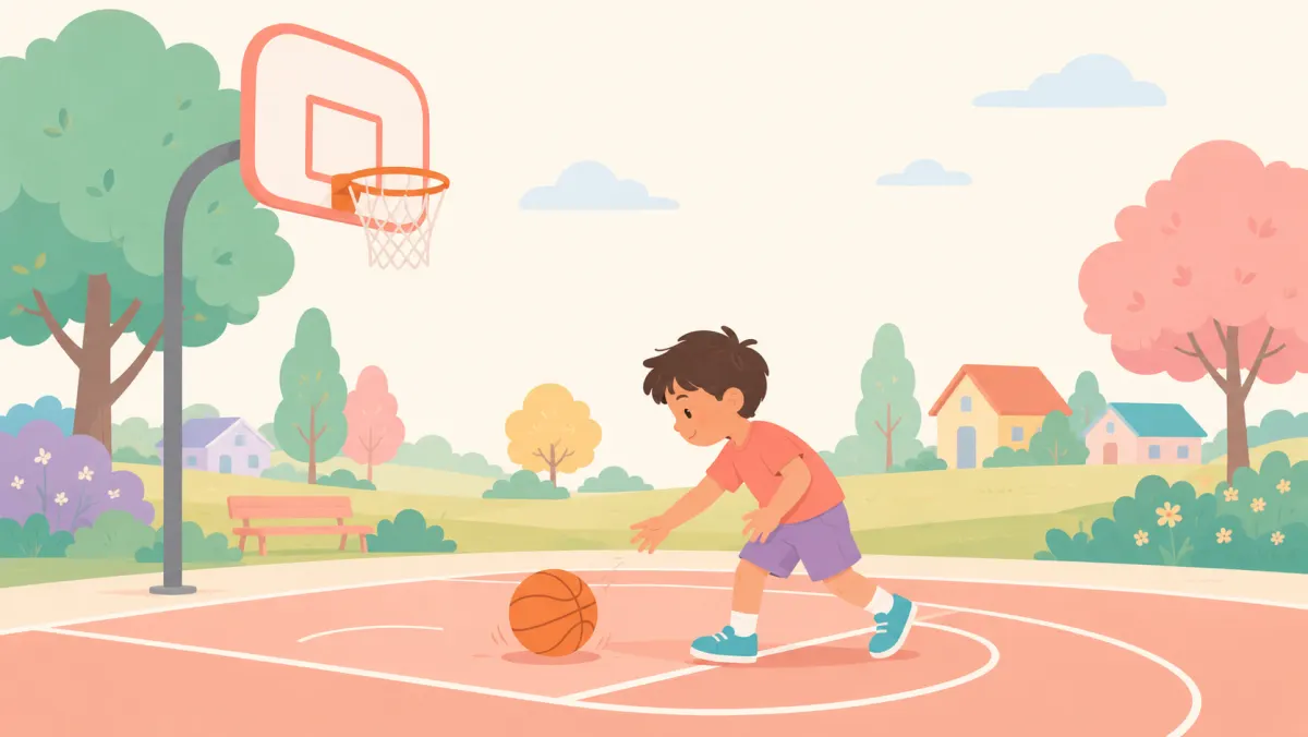 Child practicing basketball shots and trying again after a miss.