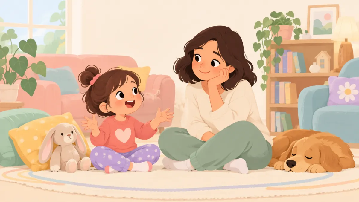 Parent listening as child shares a story at home