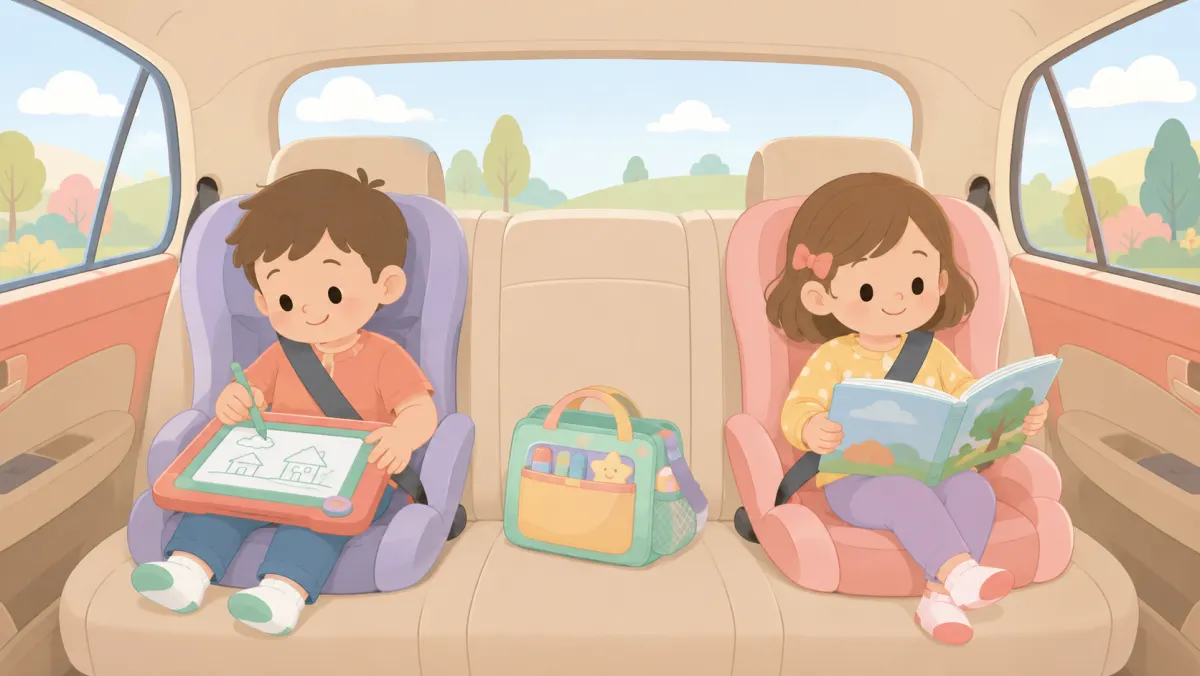 Two children using simple activities together in the back seat of a car.