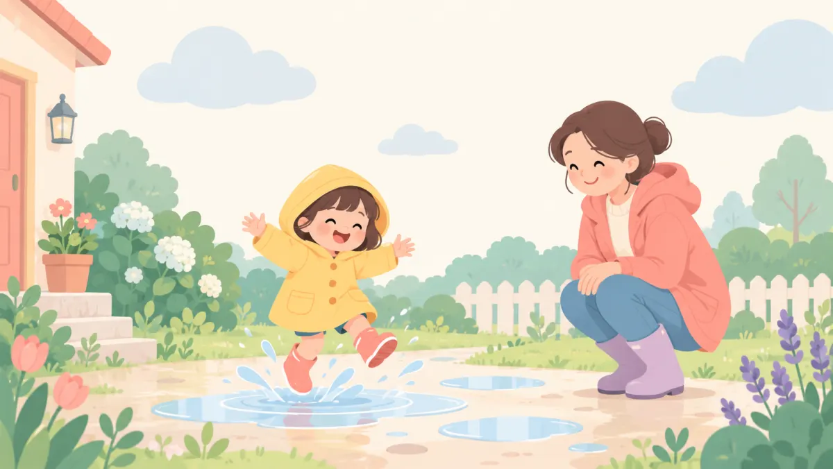 Child enjoying puddle play with a parent nearby