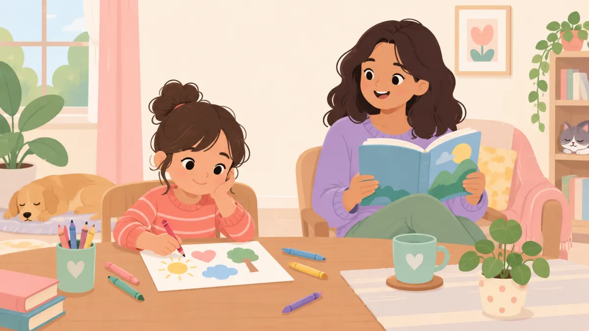 Older child drawing while listening to a parent read aloud nearby.