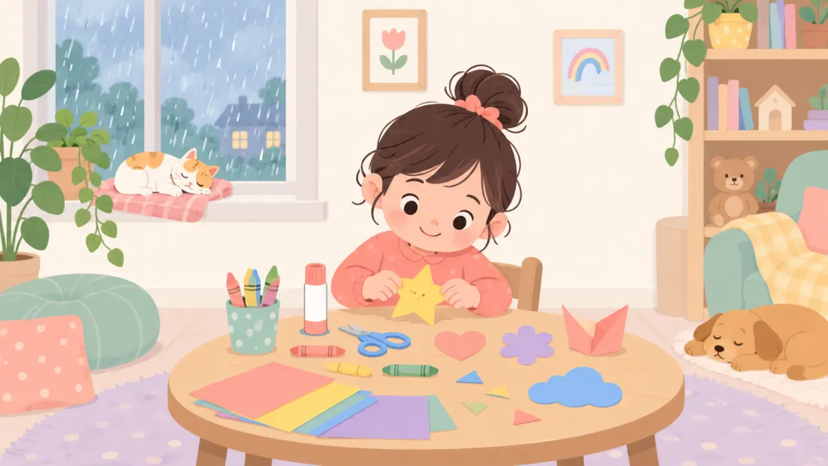 Child creating a paper craft during an indoor rainy day activity.