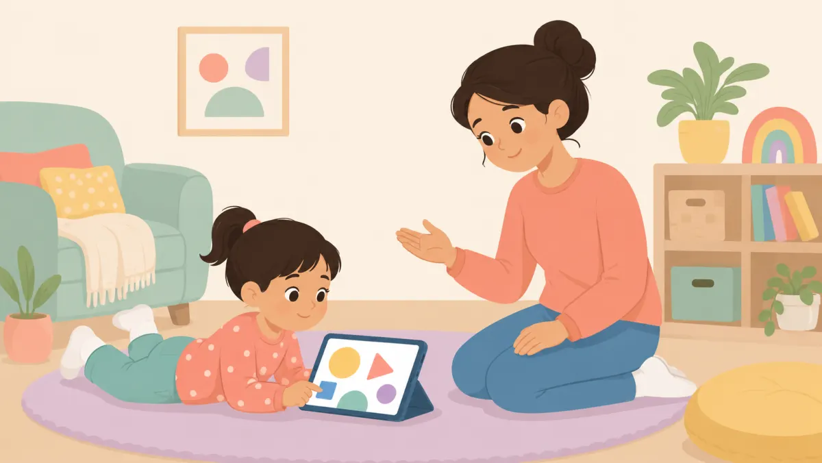 Parent calmly reminding a child that tablet time is nearly finished.
