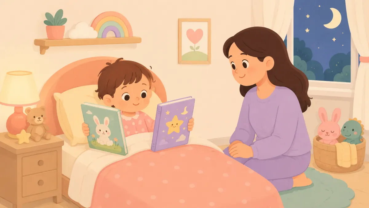 Toddler choosing between two bedtime books while a parent waits nearby.